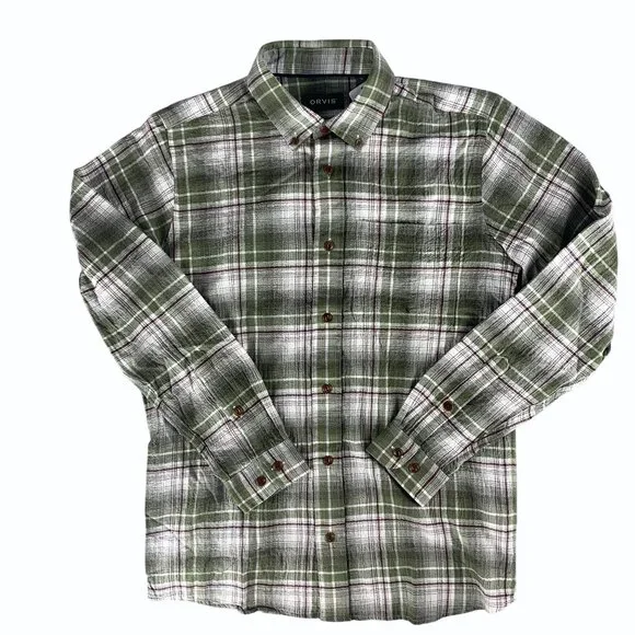 Orvis Mens Small Crushed Herringbone Green Plaid Crinkle Cotton Shirt Active Fit